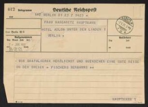 Brief von Hedwig Fischer, Samuel Fischer, Brigitte Bermann Fischer, Hildegard Fischer und Gottfried Bermann Fischer an Margarete Hauptmann