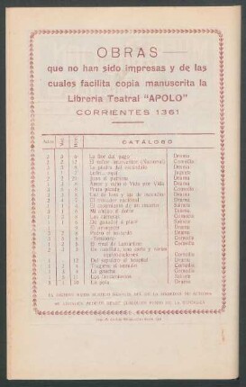 Obras que no han sido impresas y de las cuales facilita copia manuscrita la Librería Teatral "Apolo"
