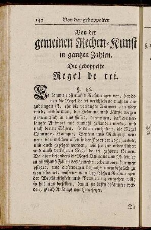 Von der gemeinen Rechen-Kunst in gantzen Zahlen. Die gedoppelte Regel de tri.