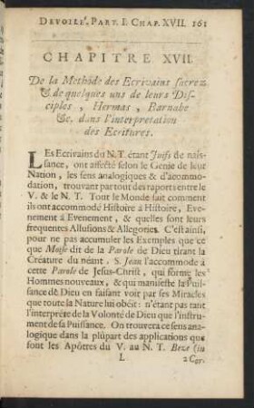 Chapitre XVII. De la Methode des Ecrivains sacrez & de quelques uns de leurs Disciples, Hermas, Barnabe &c. dans l'interpretation des Ecritures