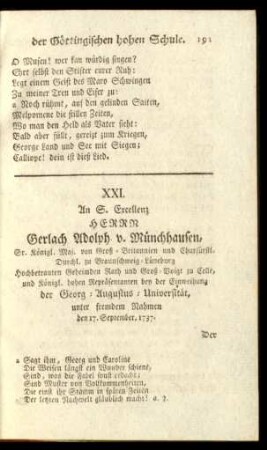 XXI. An S. Excellenz Herrn Gerlach Adolph v. Münchhausen, ...