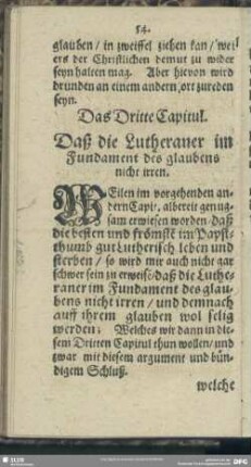 Das Dritte Capitul. Daß die Lutheraner im Fundament des glaubens nicht irren