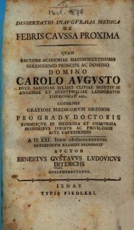 Dissertatio Inauguralis Medica De Febris Caussa Proxima