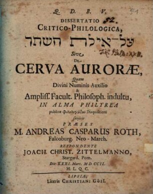 Diss. crit. philol. ʿAl ayyelet haš-šaḥar sive de cerva Aurorae