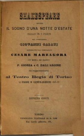 Shakespeare ovvero Il sogno d'una notte d'estate : ballo in 5 parti ; da rappresentarsi al Teatro Regio di Torino la stagione di carneval-quaresima 1871 - 72