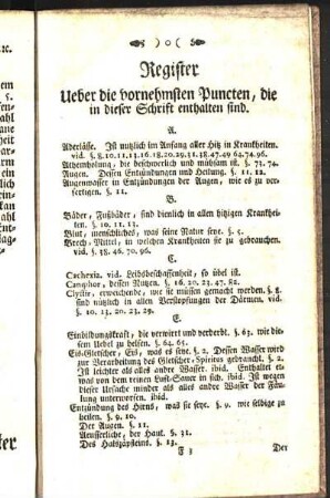 Register Ueber die vornehmsten Puncten, die in dieser Schrift enthalten sind.