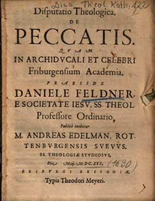 Disputatio Theologica, De Peccatis
