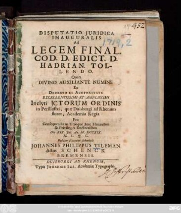 Disputatio Juridica Inauguralis Ad Legem Final. Cod. D. Edict. D. Hadrian. Tollendo