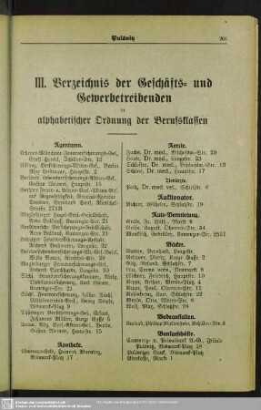 Berufsklassen und Gewerbebetriebe : III. Verzeichnis der Geschäfts- und Gewerbetreibenden