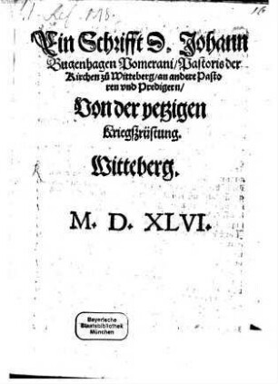 Ein Schrifft an andere Pastorn, von der jetzigen Kriegsrüstung