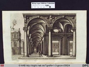 Säulengang mit Säulen der toskanischen Ordnung um einen Innenhof herum, auf der linken Seite ein zweigeschossiges Stadthaus.