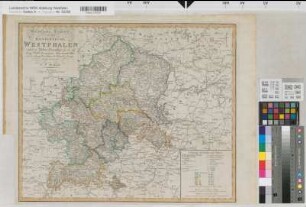 Westphalen (Königreich) Übersichtskarte auch Postkarte 1812 10 geogr. Meilen = 9,7 cm 44,5 x 55 kol. Druck: Weimar, Verlag des Graphischen Instituts C. F. Weiland aus: G. Hassel, Statistisches Repertorium über das Königreich Westphalen. Braunschweig Nr. 1813