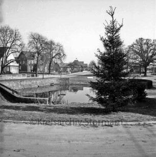 Dorfstraße: Dorfteich: links kleine Mauer mit Geländer: rechts Tanne: hinten Bäume und Häuser