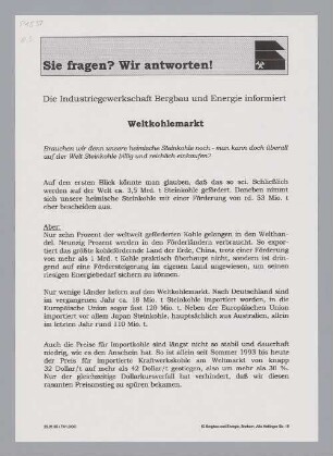 "Sie fragen? Wir antworten! Weltkohlemarkt"