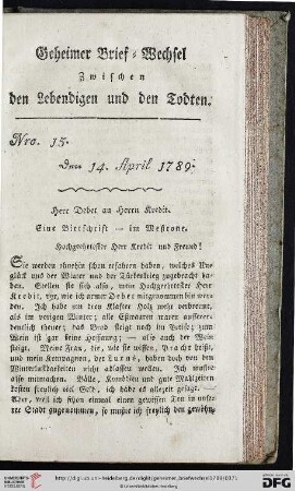 Geheimer Brief-Wechsel zwischen den Lebendigen und den Todten Nro. 15