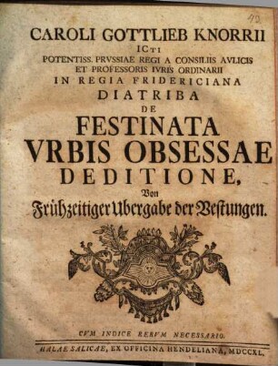 Diatriba de festinata urbis obsessae deditione : von frühzeitiger Übergabe der Vestungen