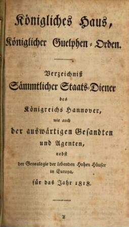 Hannoverscher und Churfürstlich-Braunschweigisch-Lüneburgischer Staatskalender. 1818