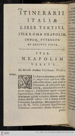 Itinerarii Italiae Liber Tertius. Iter Roma Neapolim, Indeq. Puteolos: Et Reditus Tibur