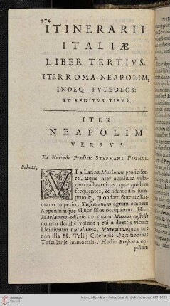 Itinerarii Italiae Liber Tertius. Iter Roma Neapolim, Indeq. Puteolos: Et Reditus Tibur