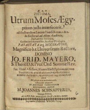 Zētēma, Utrum Moses Aegyptium iuste interfecerit? : ad illustandum Locum Exod. II. com. 11. & 12.
