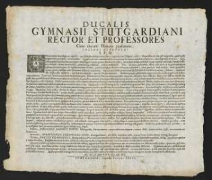 Ducalis Gymnasii Stutgardiani Rector Et Professores...
