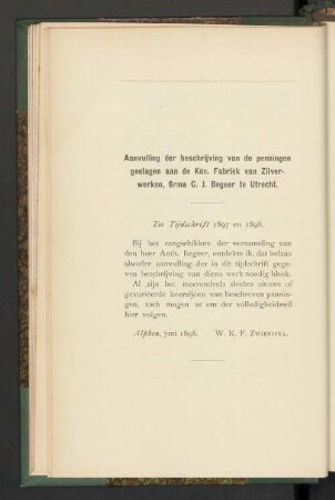 Aanvulling der beschrijving van de penningen geslagen aan de Kon. Fabriek van Zilver-werken, firma C. J. Begeer te Utrecht