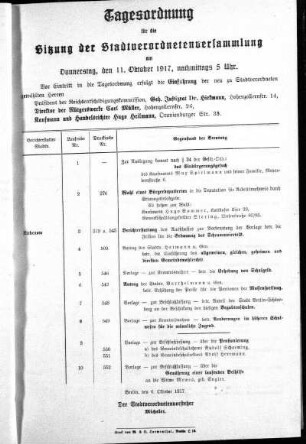 Anlage: Tagesordnung für die Sitzung, 6. Oktober1917