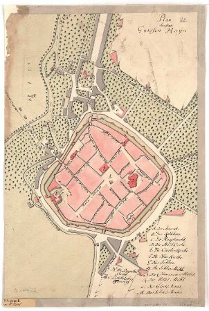Stadtplan von Großenhain, Handzeichnung, um 1750 : Plan der Stadt Grossen Hayn. - [S.l.] , [um 1750?]. - 1 Kt. : kolor. Handzeichng. ; Blattgr. 34 x 51 cm