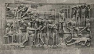 Weimar-Buchenwald. Nationale Mahn- und Gedenkstätte der DDR (1954-1958; seit 1992: Gedenkstätte Buchenwald). Treppe des Todes, Relief "Im KZ" (1955, W. Grzimek)