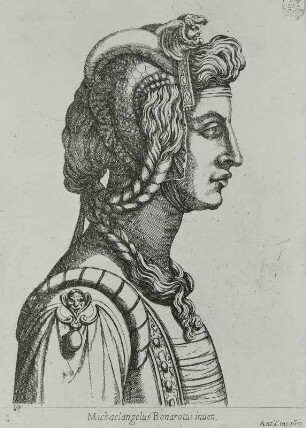 Römischer Heroe nach Michelangelo : Antonio Tempesta (1555 - 1630) nach Michelangelo Buonarroti (1475 - 1564): Römischer Heroe. Aus der Serie "Vier der vornehmsten römische Heroen und fünf Heroinnen. 1613. Kupferstich; 21,5 x 15 cm. Dresden: Kupferstich-Kabinett A 96189 in A 838,2
