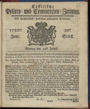 30tes Stueck, Montag den 24ten Julius. 1786