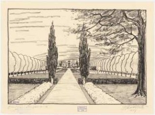Lilienthalpark, Berlin-Lichterfelde: Perspektivische Ansicht mit Blick durch eine Allee auf das Lilienthaldenkmal, Stempel
