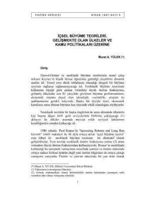 Içsel Büyüme Teorileri, Gelismekte Olan Ülkeler ve Kamu Politikalari Üzerine