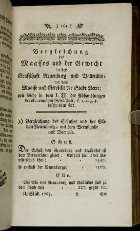 Vergleichung des Maasses und der Gewicht in der Grafschaft Neuenburg und Vallendis, mit dem Maasse und Gewicht der Stadt Bern ...