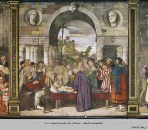 Heiliger Antonius zeigt, dass das Herz des Geizhalses in der Schatztruhe ist - Lebensszenen des hl. Antonius