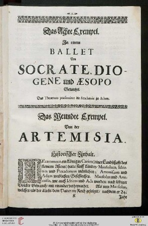 Das Achte Exempel. In einem Balett Von Socrate, Diogene vnd Aesopo