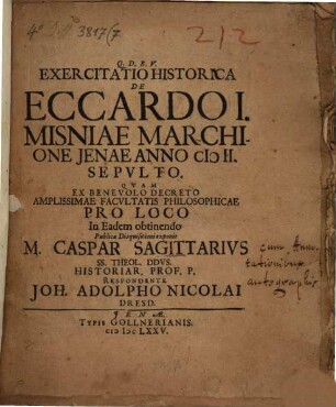 Exercitatio Historica De Eccardo I. Misniae Marchione Ienae Anno MII. Sepulto