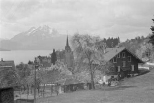 Stadtbild : Ansicht der Stadt Luzern. Im Hintergrund das Bergmassiv Pilatus.