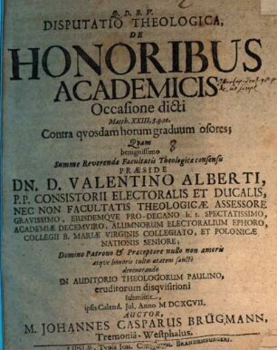 Disputatio Theologica, De Honoribus Academicis : Occasione dicti Matth. XXIII,8. 9. 10. Contra quosdam horum graduum osores