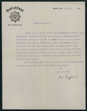 Brief von Paul Langhans von Deutschbund, Der Bundeswart, Gotha an Wilhelm Schwaner