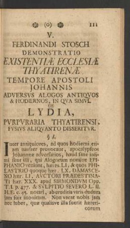 V. Ferdinandi Stosch Demonstratio Existentiae Ecclesiae Thyatirenae Tempore Apostoli Johannis, ...