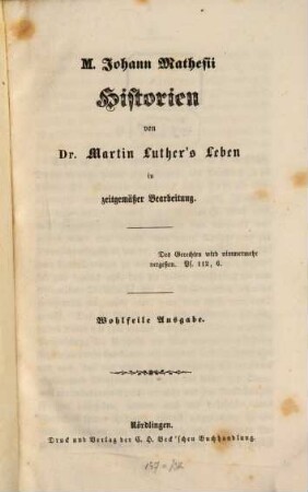 M. Johann Mathesii Historien von Dr. Martin Luther's Leben in zeitgemäßer Bearbeitung
