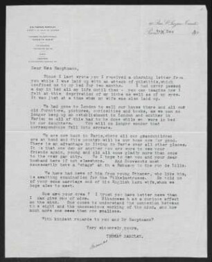 Brief von Thomas Barclay an Margarete Hauptmann