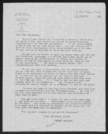 Brief von Thomas Barclay an Margarete Hauptmann