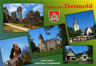 Postkarte. Grüße aus Detmold. Externsteine, Adlerwarte, Schloß, Erlöserkirche, Westf. Freilichtmuseum