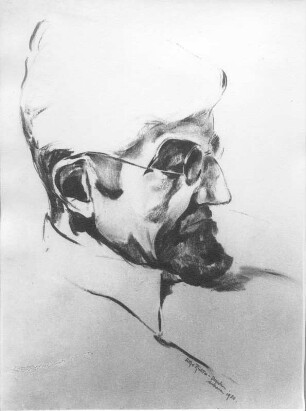 Prof. Dr. med. vet. Hans Richter. Tusche- und Kohlezeichnung (1938; E. Richter). Dresden-Südvorstadt, Eisenstuckstraße, Atelier der Künstlerin