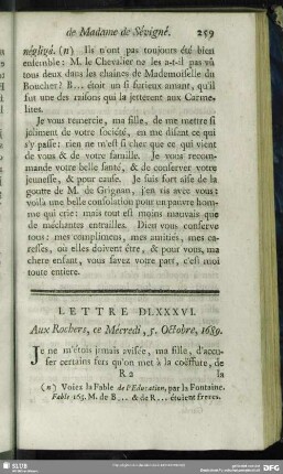 Lettre DLXXXVI. Aux Rochers, ce Mécredi, 5. Octobre, 1689