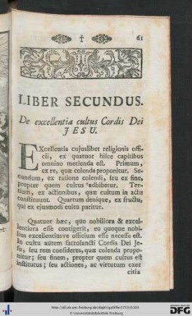 Liber Secundus. De excellentia cultus Cordis Dei Jesu.