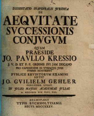 Dissertatio Inavgvralis Juridica De Aeqvitate Svccessionis Conjvgvm