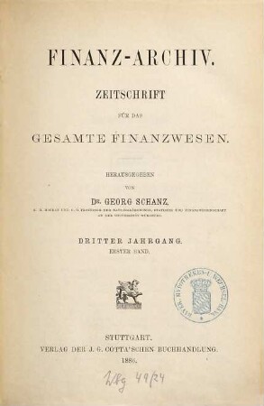 FinanzArchiv : European journal of public finance. 3,[1]. 1886